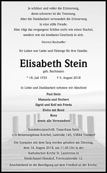 Anzeige von Elisabeth Stein von Kölner Stadt-Anzeiger / Kölnische Rundschau / Express