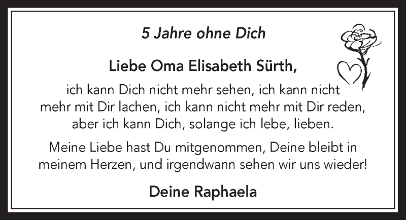  Traueranzeige für Elisabeth Sürth vom 22.08.2018 aus  Wochenende 