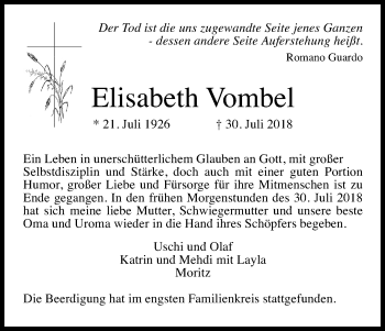 Anzeige von Elisabeth Vombel von Kölner Stadt-Anzeiger / Kölnische Rundschau / Express