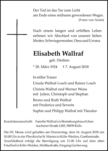 Anzeige von Elisabeth Wallraf von Kölner Stadt-Anzeiger / Kölnische Rundschau / Express