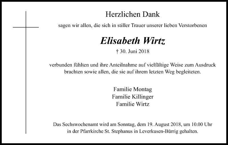  Traueranzeige für Elisabeth Wirtz vom 11.08.2018 aus Kölner Stadt-Anzeiger / Kölnische Rundschau / Express