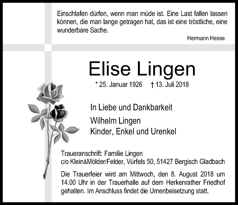  Traueranzeige für Elise Lingen vom 04.08.2018 aus Kölner Stadt-Anzeiger / Kölnische Rundschau / Express