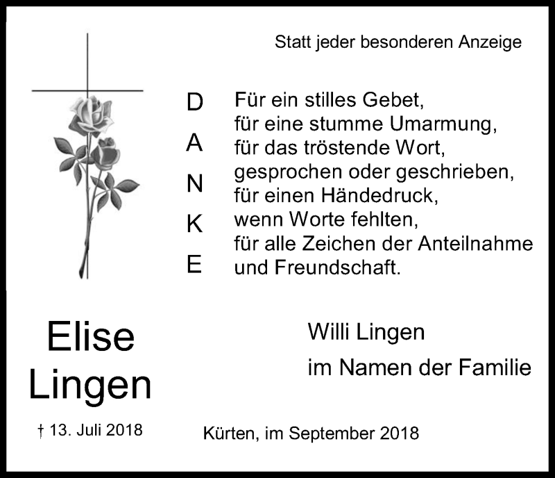  Traueranzeige für Elise Lingen vom 01.09.2018 aus Kölner Stadt-Anzeiger / Kölnische Rundschau / Express