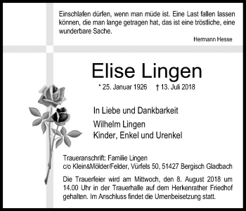 Anzeige von Elise Lingen von Kölner Stadt-Anzeiger / Kölnische Rundschau / Express