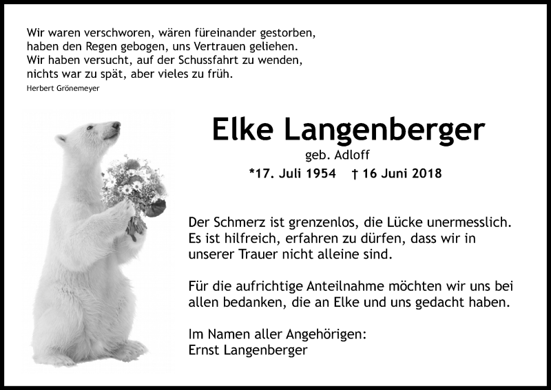  Traueranzeige für Elke Langenberger vom 04.08.2018 aus Kölner Stadt-Anzeiger / Kölnische Rundschau / Express