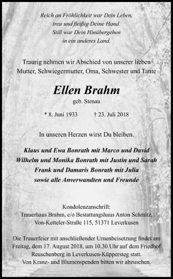 Anzeige von Ellen Brahm von Kölner Stadt-Anzeiger / Kölnische Rundschau / Express