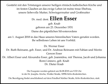 Anzeige von Ellen Esser von Kölner Stadt-Anzeiger / Kölnische Rundschau / Express