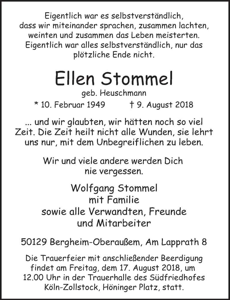  Traueranzeige für Ellen Stommel vom 15.08.2018 aus  Werbepost 