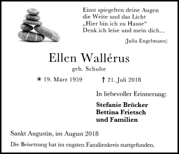 Anzeige von Ellen Wallérus von Kölner Stadt-Anzeiger / Kölnische Rundschau / Express