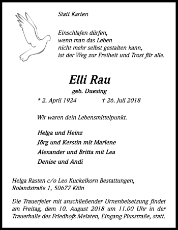 Anzeige von Elli Rau von Kölner Stadt-Anzeiger / Kölnische Rundschau / Express