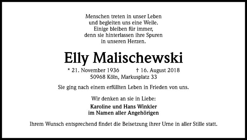  Traueranzeige für Elly Malischewski vom 18.08.2018 aus Kölner Stadt-Anzeiger / Kölnische Rundschau / Express