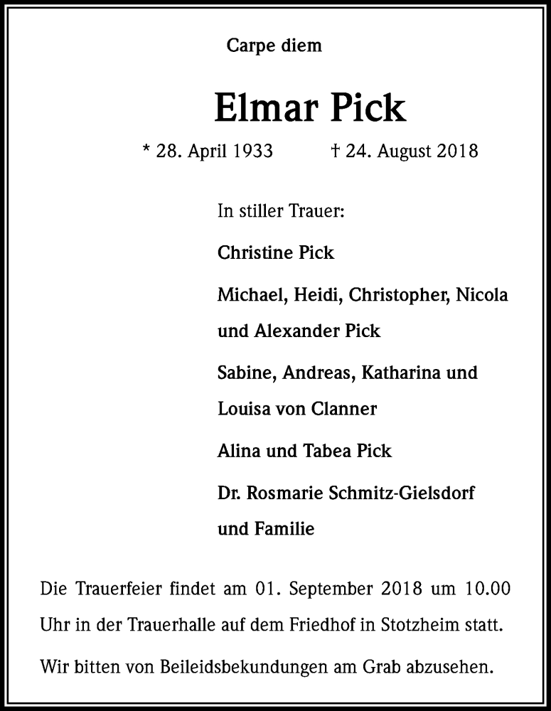  Traueranzeige für Elmar Pick vom 29.08.2018 aus Kölner Stadt-Anzeiger / Kölnische Rundschau / Express