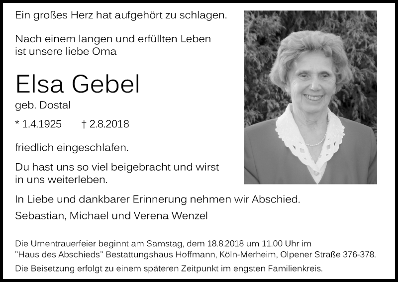  Traueranzeige für Elsa Gebel vom 11.08.2018 aus Kölner Stadt-Anzeiger / Kölnische Rundschau / Express