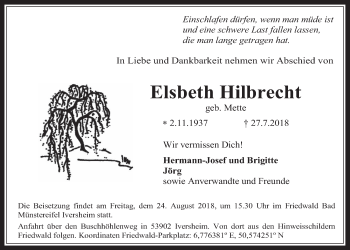 Anzeige von Elsbeth Hilbrecht von  Wochenende 