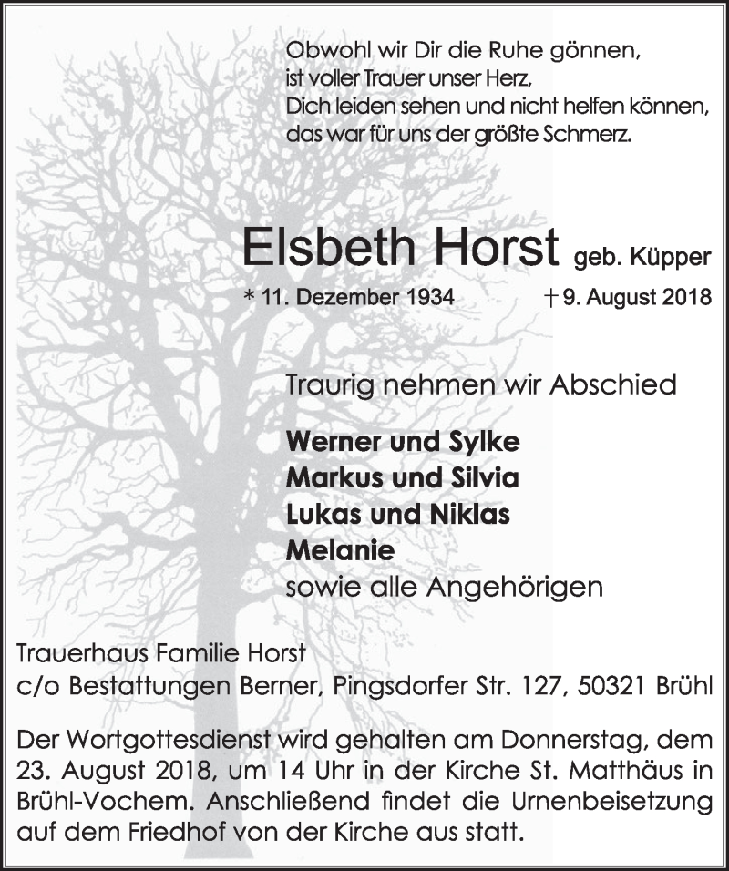  Traueranzeige für Elsbeth Horst vom 22.08.2018 aus  Schlossbote/Werbekurier 