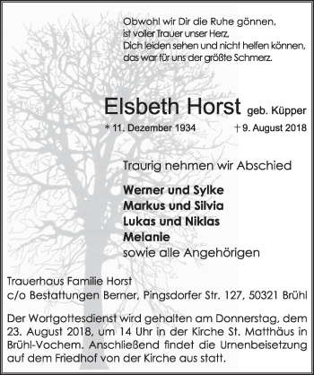 Anzeige von Elsbeth Horst von  Schlossbote/Werbekurier 