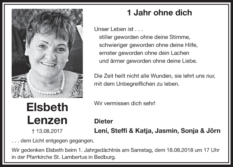 Traueranzeige für Elsbeth Lenzen vom 11.08.2018 aus  Sonntags-Post 