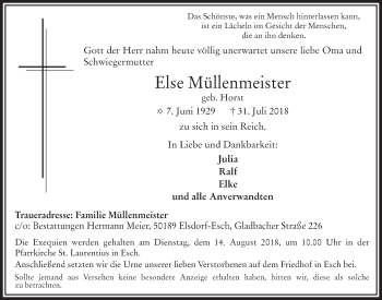 Anzeige von Else Müllenmeister von  Werbepost 
