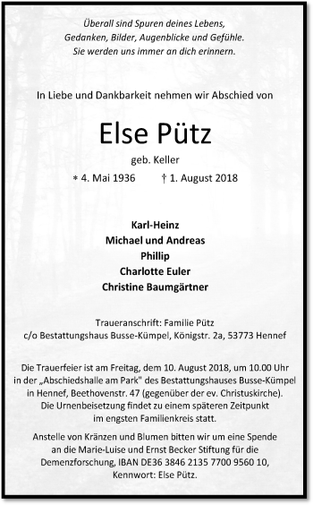 Anzeige von Else Pütz von Kölner Stadt-Anzeiger / Kölnische Rundschau / Express