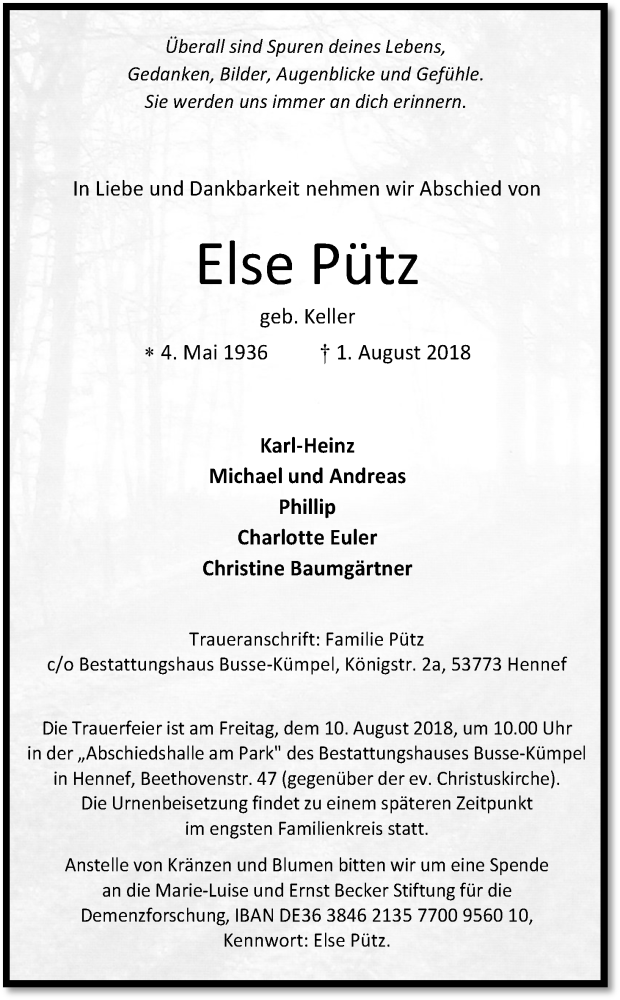  Traueranzeige für Else Pütz vom 07.08.2018 aus Kölner Stadt-Anzeiger / Kölnische Rundschau / Express