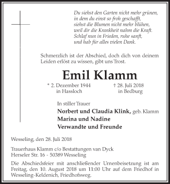 Anzeige von Emil Klamm von  Schlossbote/Werbekurier 