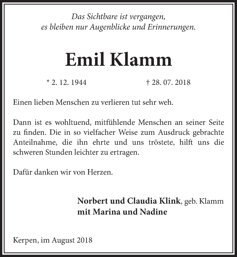  Traueranzeige für Emil Klamm vom 29.08.2018 aus  Schlossbote/Werbekurier 