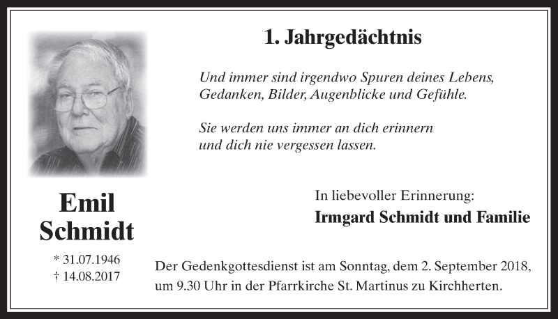  Traueranzeige für Emil Schmidt vom 29.08.2018 aus  Werbepost 