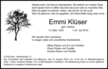 Anzeige von Emmi Klüser von Kölner Stadt-Anzeiger / Kölnische Rundschau / Express