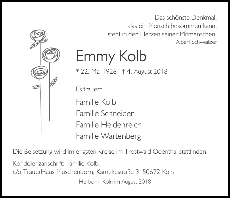  Traueranzeige für Emmy Kolb vom 11.08.2018 aus Kölner Stadt-Anzeiger / Kölnische Rundschau / Express