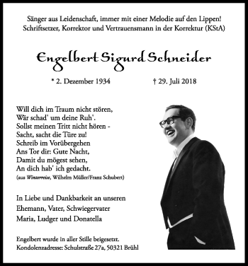 Anzeige von Engelbert Sigurt Schneider von Kölner Stadt-Anzeiger / Kölnische Rundschau / Express