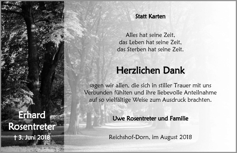  Traueranzeige für Erhard Rosentreter vom 22.08.2018 aus  Anzeigen Echo 