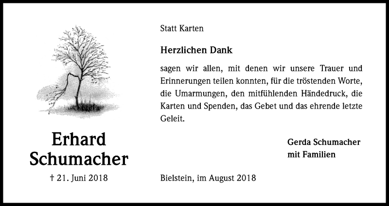  Traueranzeige für Erhard Schumacher vom 25.08.2018 aus Kölner Stadt-Anzeiger / Kölnische Rundschau / Express