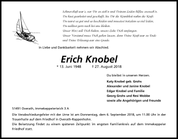Anzeige von Erich Knobel von Kölner Stadt-Anzeiger / Kölnische Rundschau / Express