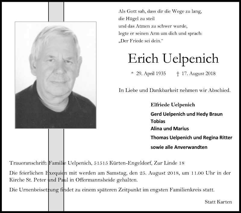  Traueranzeige für Erich Uelpenich vom 22.08.2018 aus Kölner Stadt-Anzeiger / Kölnische Rundschau / Express