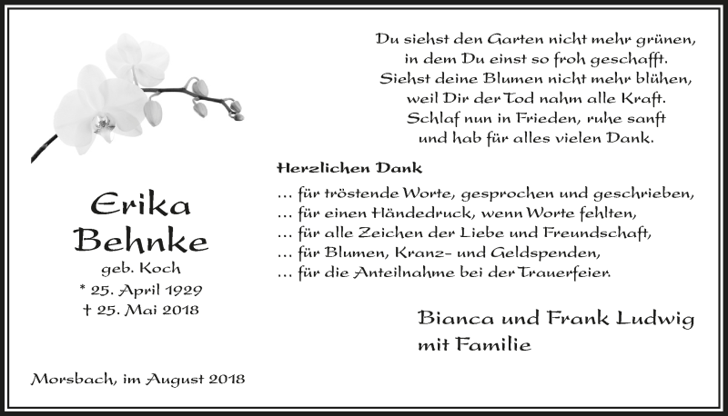  Traueranzeige für Erika Behnke vom 08.08.2018 aus  Lokalanzeiger 
