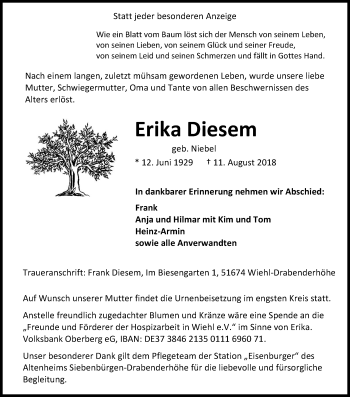 Anzeige von Erika Diesem von Kölner Stadt-Anzeiger / Kölnische Rundschau / Express