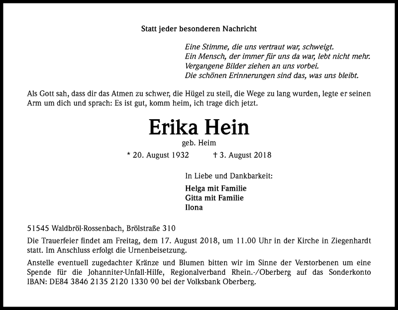  Traueranzeige für Erika Hein vom 11.08.2018 aus Kölner Stadt-Anzeiger / Kölnische Rundschau / Express