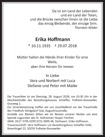 Anzeige von Erika Hoffmann von  Kölner Wochenspiegel 