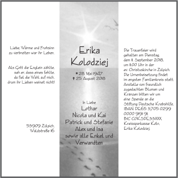 Anzeige von Erika Kolodziej von  Blickpunkt Euskirchen 
