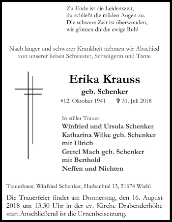 Anzeige von Erika Krauss von Kölner Stadt-Anzeiger / Kölnische Rundschau / Express