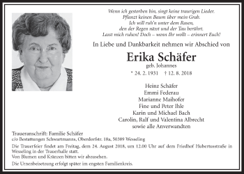 Anzeige von Erika Schäfer von  Schlossbote/Werbekurier 
