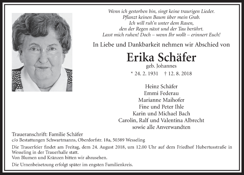  Traueranzeige für Erika Schäfer vom 22.08.2018 aus  Schlossbote/Werbekurier 