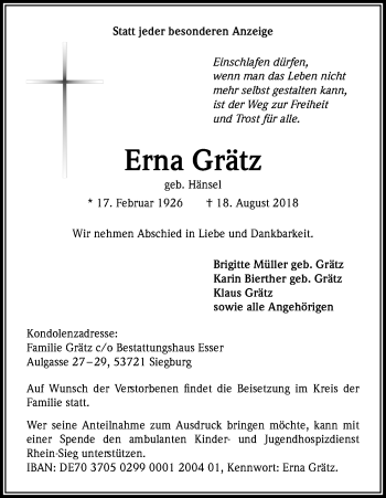 Anzeige von Erna Grätz von Kölner Stadt-Anzeiger / Kölnische Rundschau / Express