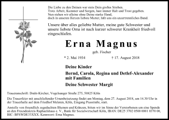 Anzeige von Erna Magnus von Kölner Stadt-Anzeiger / Kölnische Rundschau / Express