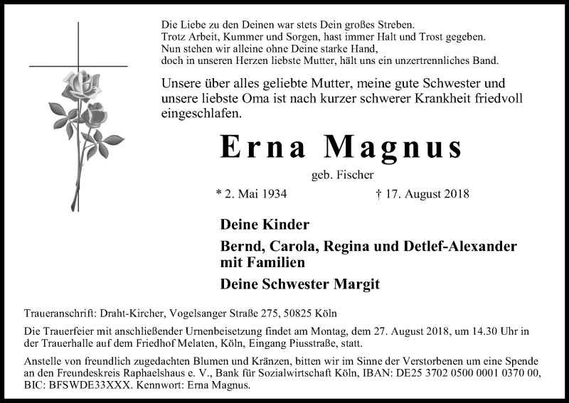  Traueranzeige für Erna Magnus vom 25.08.2018 aus Kölner Stadt-Anzeiger / Kölnische Rundschau / Express