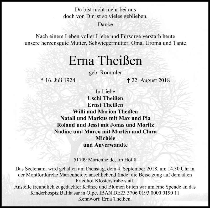  Traueranzeige für Erna Theißen vom 25.08.2018 aus Kölner Stadt-Anzeiger / Kölnische Rundschau / Express
