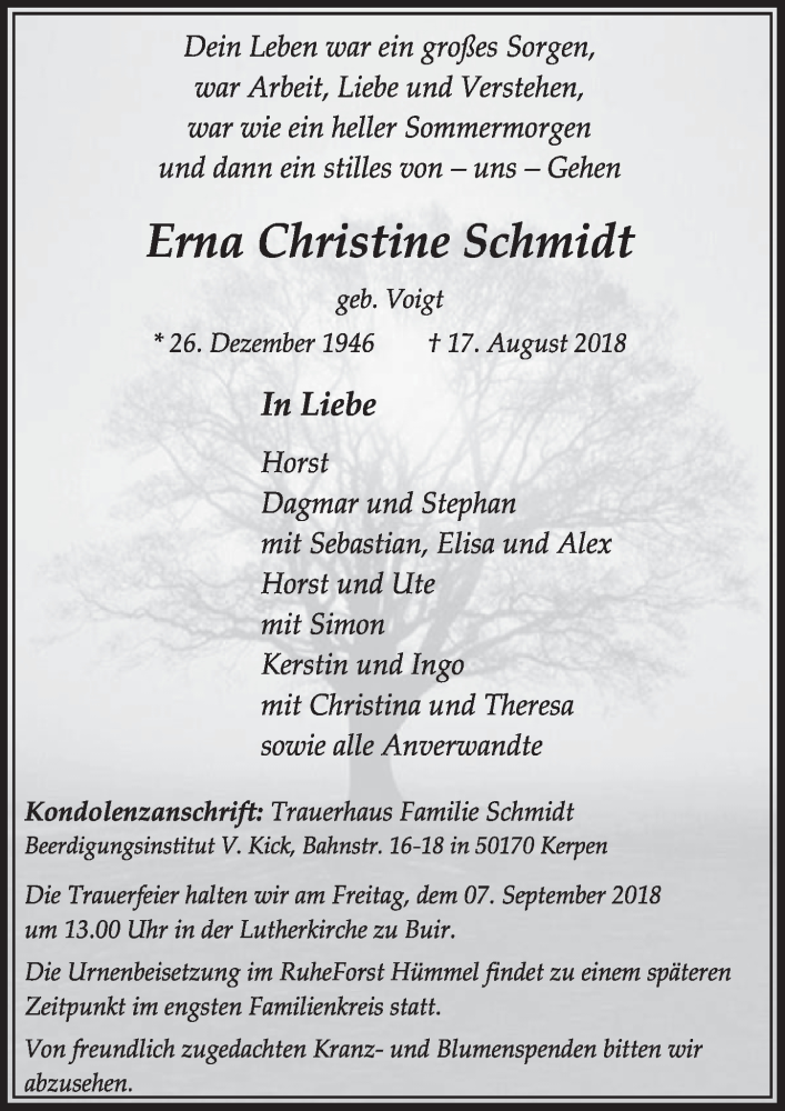  Traueranzeige für Erna Christine Schmidt vom 01.09.2018 aus  Sonntags-Post 