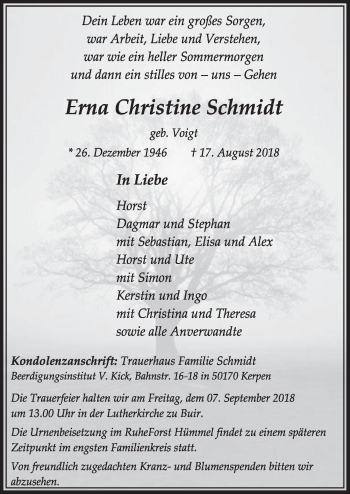 Anzeige von Erna Christine Schmidt von  Sonntags-Post 