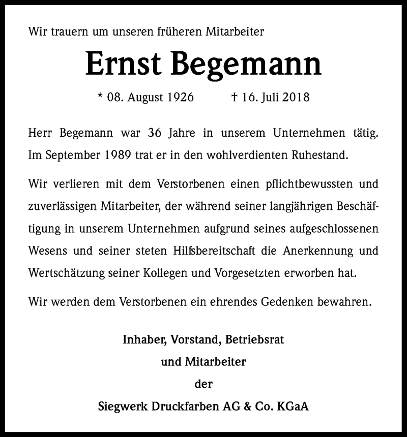  Traueranzeige für Ernst Begemann vom 07.08.2018 aus Kölner Stadt-Anzeiger / Kölnische Rundschau / Express