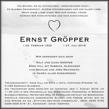 Anzeige von Ernst Gröpper von  Bergisches Sonntagsblatt 